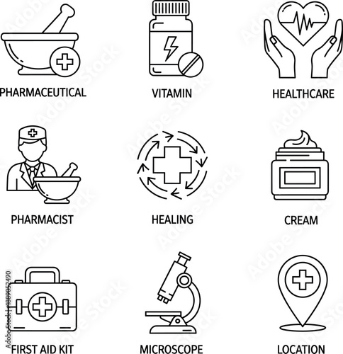 Medical and pharmaceutical line icons set for healthcare services vitamin supplements and clinical laboratory research vector