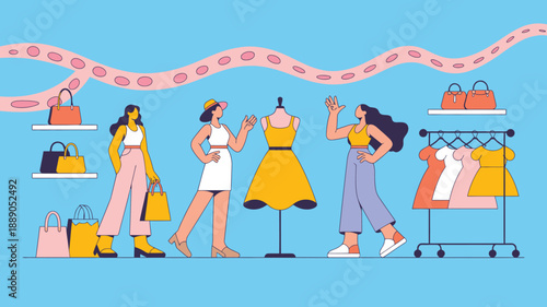 Women shopping for clothes in a modern retail fashion store, trying on dresses, buying handbags, fashion boutique