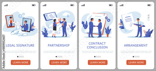 Contract signing. Documents signature. Mobile onboarding interface. Smartphone display template. Business partnership. Electronic agreement. Online service UI. Vector web banners set