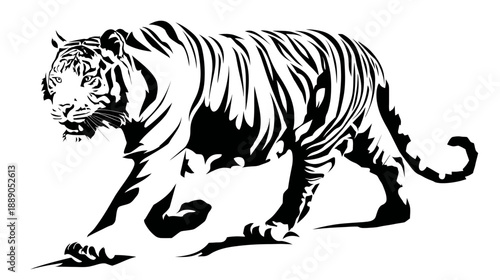 Majestic black and white vector illustration of a powerful tiger walking, symbolizing strength, wild nature, and predatory grace.