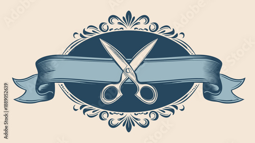 Vintage Scissors Emblem with Ornate Floral Frame and Blue Ribbon Banner. Retro Style Barbershop, Tailor Shop, or Craft Design Element.