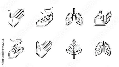 Health Icons Set: Smoking, Vaping, Lungs, and Quitting Tobacco. Concepts for Respiratory Health, E-cigarettes, Addiction