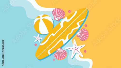 Vibrant summer beach vacation items, surfboard on sand, ocean waves, tropical graphic