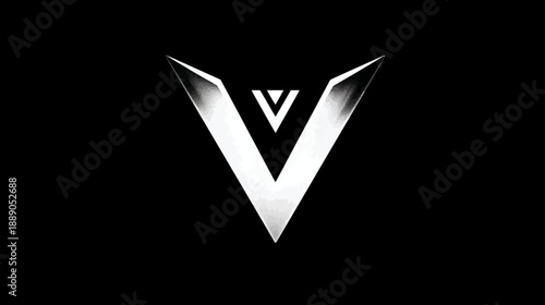 Sleek metallic letter V symbol on black background. Modern abstract geometric design with shiny reflective silver texture element.