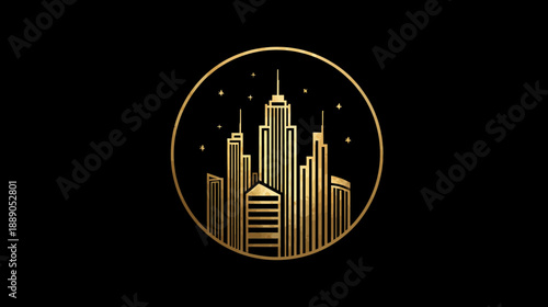 Elegant golden city skyline silhouette in a circular frame on a black background, representing luxury, architecture, and urban development.