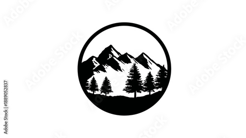 Minimalist black and white circular graphic featuring majestic mountain peaks and evergreen pine trees for nature themes.