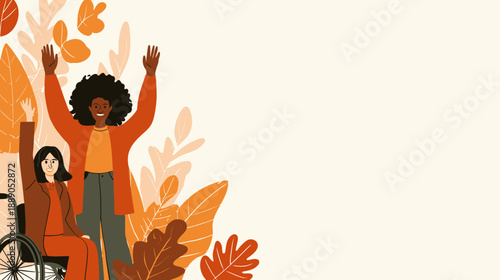 Joyful diverse women celebrating, one in wheelchair, surrounded by autumnal leaves. Inclusive community and empowerment concept.