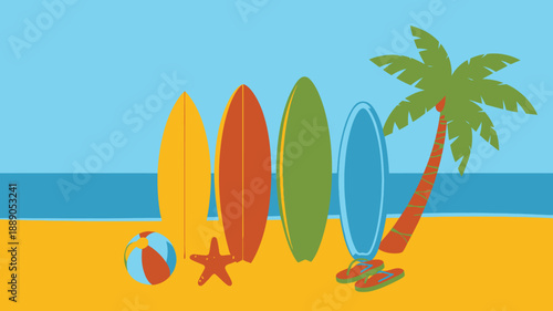 Colorful surfboards on sandy beach, tropical palm tree, ocean, summer sport recreation illustration