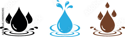 Set of liquid drop icons with ripples in black blue and brown colors