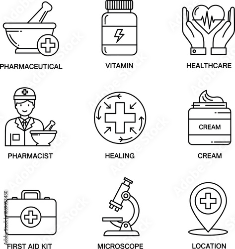 Medical and pharmaceutical line icons set for healthcare services vitamin supplements and clinical laboratory research