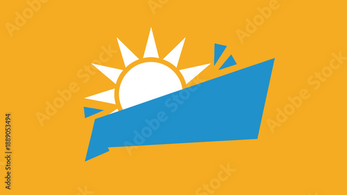 Geometric sun rising over abstract blue sea wave with orange sky graphic symbol