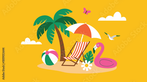 Lively yellow beach scene, palm tree, striped chair, beach ball and flamingo float for summer fun