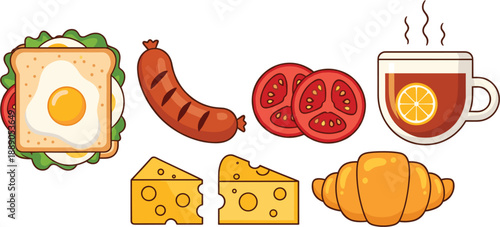 Healthy breakfast food set cartoon flat vector with sandwich croissant sausage and tea