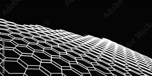 White honeycomb on a black background. Perspective view on polygon look like honeycomb. Ball, planet, covered with a network, honeycombs, cells. 3D illustration