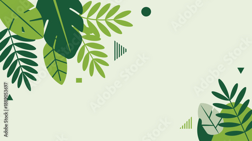 Lush green tropical leaves, botanical jungle foliage, natural plant illustration, vibrant summer elements, empty space