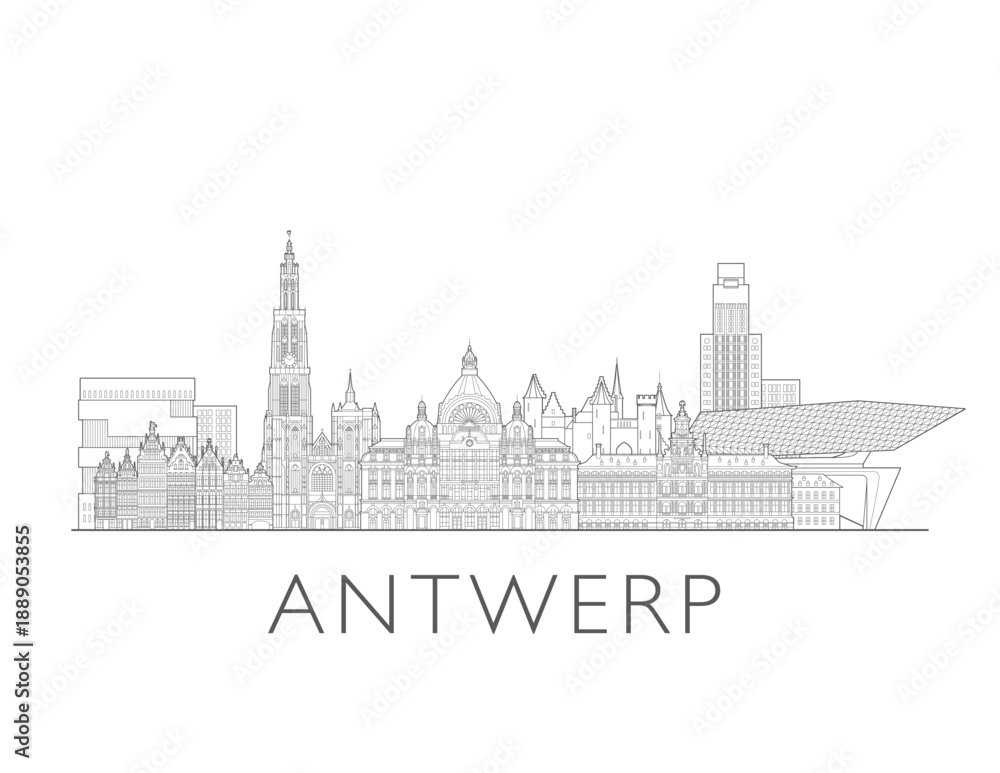 Fototapeta premium Antwerp skyline, Belgium. Urban cityscape with landmarks and monuments. Hand drawn digital skyline illustration.