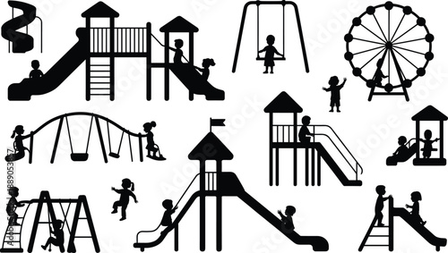 Silhouette children playing on diverse playground equipment including swings, slides, climbing frames, and Ferris wheel in outdoor park setting, joyful childhood activity scene