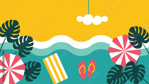 Overhead tropical beach vacation illustration, summer holiday top view, monstera leaves and umbrellas