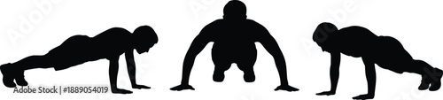 Silhouette figures demonstrating push-up and bodyweight exercise transitions including plank, crouch, and strength poses for fitness, core training, and workout design