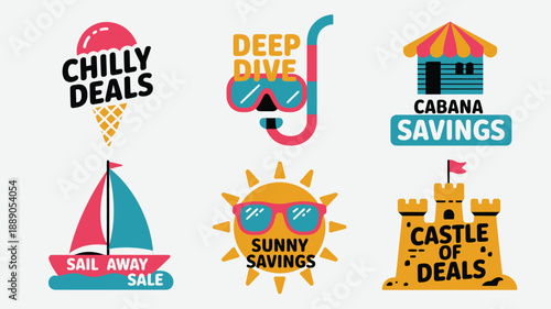 Playful summer sales badges featuring sun, snorkel, ice cream, sailboat, and sandcastle icons
