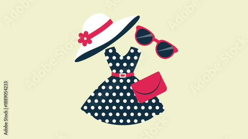 Polka dot dress with sun hat and matching red accessories for stylish summer fashion