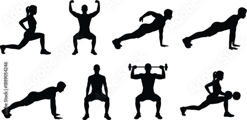 Silhouette figures performing strength and bodyweight exercises including squats, lunges, push-ups, planks, and barbell lifts for fitness, training, and workout design