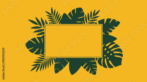 Rectangular frame with dark green tropical leaves on yellow backdrop, summer banner template