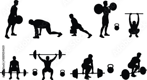 Silhouette figures performing strength training exercises including squats, deadlifts, lunges, and overhead lifts with barbells, kettlebells, and medicine balls for fitness routines
