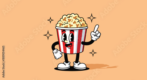 Retro Cartoon Popcorn Character Points Upwards for Movie Time Fun,  Inviting Snacks & Theater Nostalgia, Perfect for Entertainment, Cinema, and Advertising with Animated Styl.