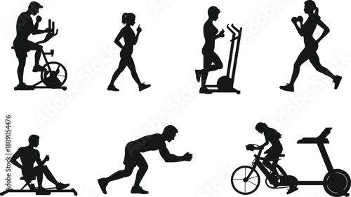 Silhouette figures using cardio and strength training equipment including treadmill, exercise bike, rowing machine, and sprint poses for fitness and workout routines