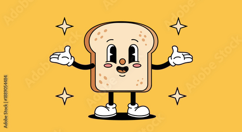 Cheerful bread cartoon character with open arms inviting viewers into a world of vintage animation and retro vibes, perfect for food branding, advertising, and playful graphic desi.