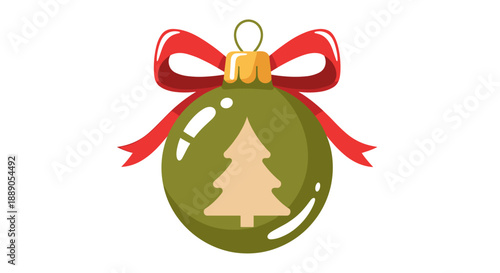 Festive Olive Green Christmas Ornament with Red Ribbon Bow Provides Holiday Cheer, Ideal for Seasonal Designs, Greetings, Celebrations, and Decorative Art Projects to Enhance the Y.