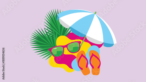Summer beach accessories, vibrant vacation essentials, colorful tropical flat graphic