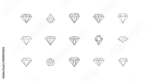 Set of outline diamond icons representing various gemstone cuts and shapes. Simple vector line art for jewelry design.