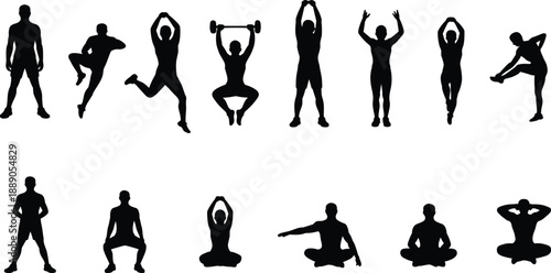 Silhouettes of individuals performing diverse fitness exercises and stretches, showcasing dynamic and static workout movements for health, flexibility, strength, and wellness routines.