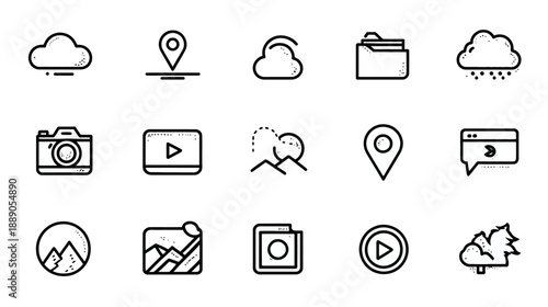 Line Icons Set for Cloud Computing, GPS Location, Multimedia, and Nature. Digital Storage, Photography, Video, Maps, and Outdoor Environment UI/UX Elements.