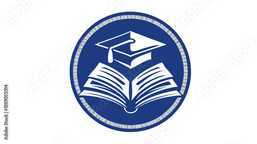 Education success emblem with graduation cap and open book, symbolizing knowledge, learning, and academic achievement.
