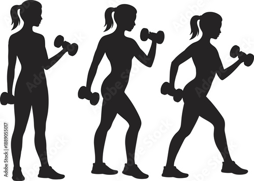 Silhouettes of individuals performing dumbbell exercises in progressive motion stages, showcasing upper body strength training, fitness routines, and dynamic workout techniques for health.