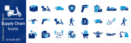 Supply Chain and Logistics Icon Set Global Delivery, Warehouse Management, E-commerce Shipping, Freight Transport, Inventory Tracking, and Last-Mile Distribution Blue Icons