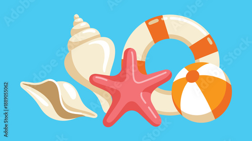 Summer beach objects collection on blue, ocean vacation accessories set, marine life items
