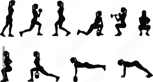 Silhouettes of individuals performing strength exercises with dumbbells and kettlebells, demonstrating proper form, movement phases, and fitness techniques for health and workout routines.