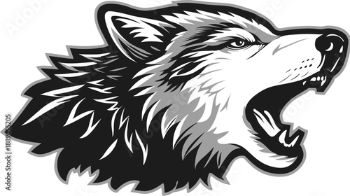 Aggressive grey wolf head illustration howling with open mouth and sharp teeth, depicting power and wild animal spirit