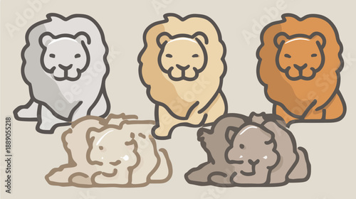 Set of cute stylized lion illustrations in various colors, depicting sitting and lying poses. Adorable animal character design.