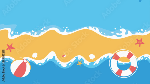 Summer beach vacation illustration with ocean waves, sand, starfish, and beach toys, beach day, holiday season