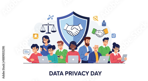Data Privacy Day illustration emphasizing digital security and personal information protection with diverse people and shield icon