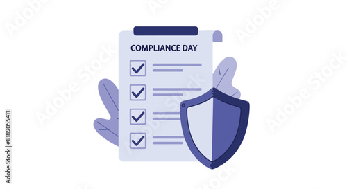 Secure digital compliance management with a comprehensive checklist and protective shield, illustrating data privacy and regulatory adherence