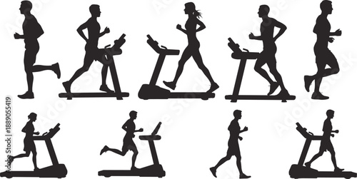 Silhouettes of people walking and running on treadmills and outdoors, showcasing diverse fitness styles, motion phases, and exercise dynamics for health and wellness themes.