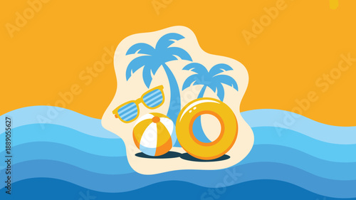 Summer tropical island leisure with palm trees, beach ball, swim ring, and sunglasses in water illustration