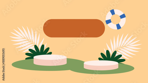 Summer tropical product display podiums with palm leaves and lifebuoy on light yellow, promotional stage