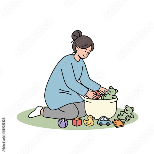 Woman tidying up toys organizing childrens playthings.